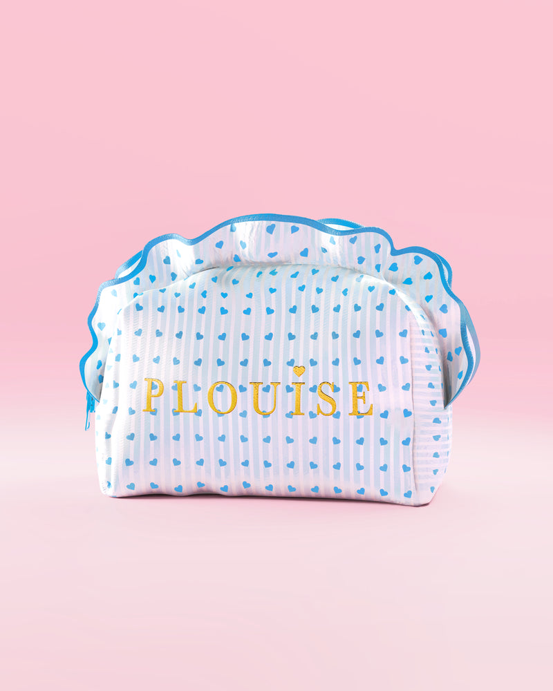 Blue and white striped P.Louise blue raspberry makeup and skincare bag with frills and a blue raspberry design