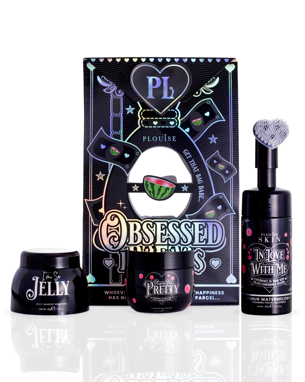 Black skincare set of the P.Louise Halloween Sour Watermelon Obsessed For Less Cleanse And Moisturise with a holographic decoration on the packaging