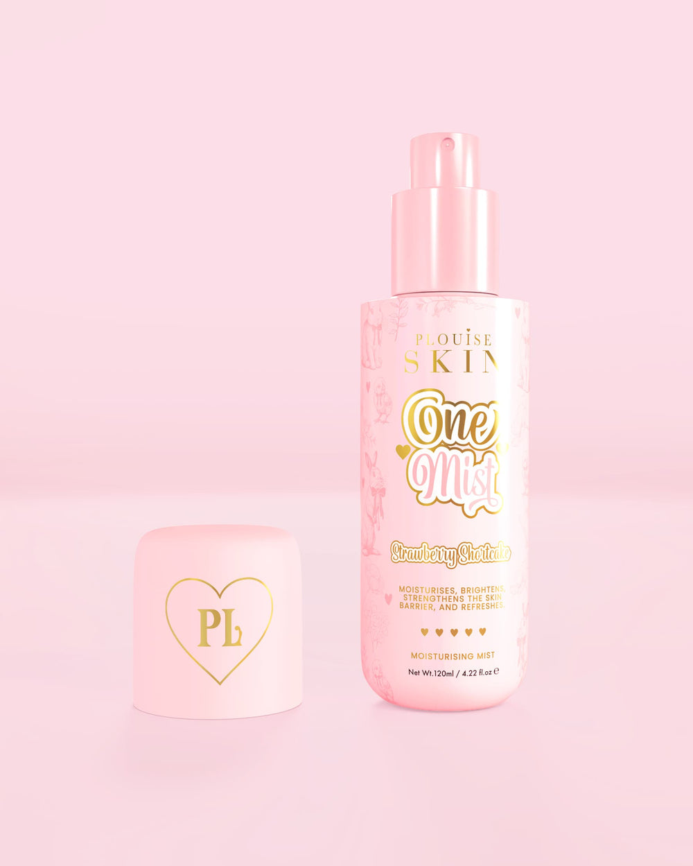 Pink bottle of P.Louise One Mist Moisturising Mist in strawberry shortcake scent