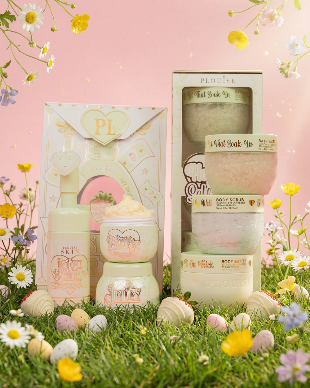 P.Louise Easter Skin Reset Bundle features chocolate strawberries Obsessed For Less and Hop Into Self Care Bath & Body Set Bundle