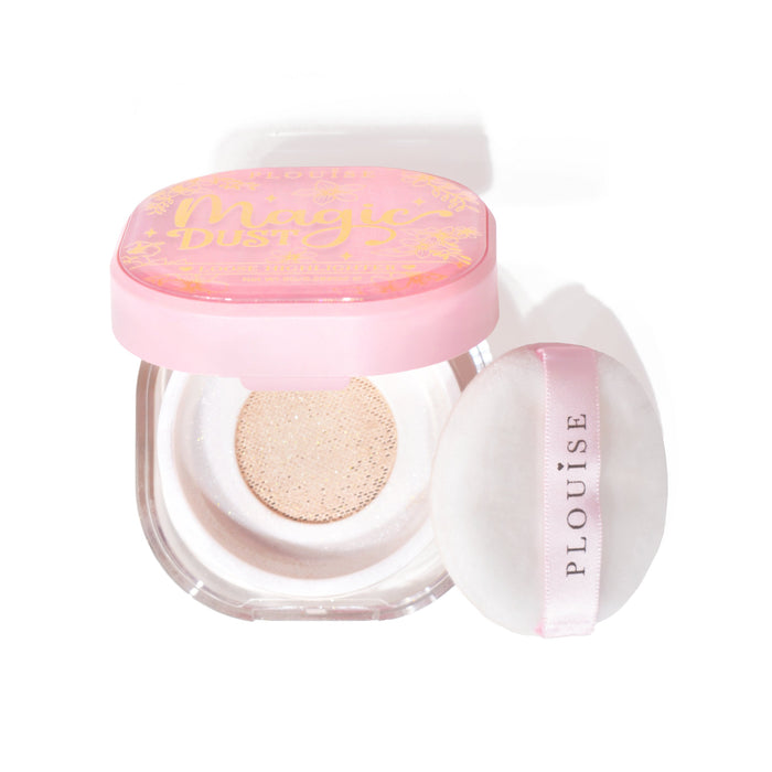 Container of P.Louise Magic Dust Loose Highlighter with the lid off and a powder puff leaning against it