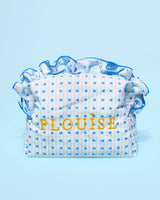 Large blue and white striped P.Louise blue raspberry travel beauty, makeup and skincare bag with frills and a blue raspberry design