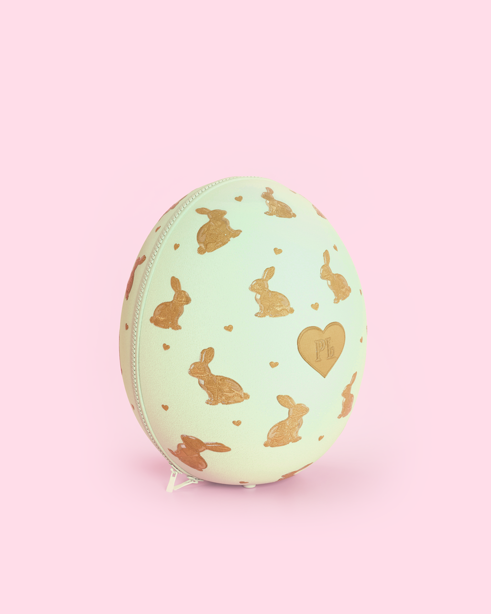 Green round velvet P.Louise beauty easter egg with gold embroidered bunnies and gold logo
