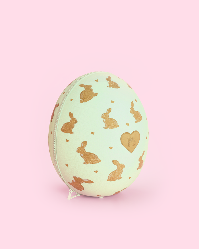 Green round velvet P.Louise beauty easter egg with gold embroidered bunnies and gold logo