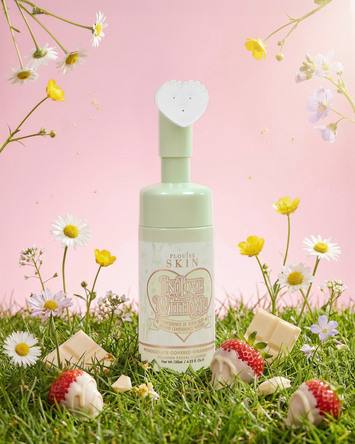 Green bottle of P.Louise chocolate covered strawberries In Love With Me facial foaming cleanser