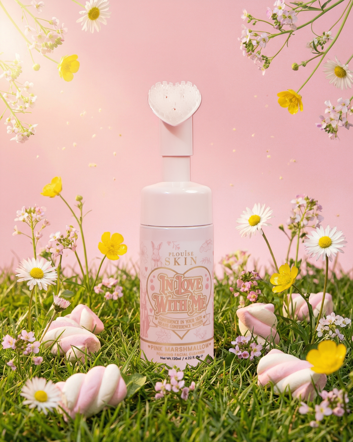 Pink bottle of P.Louise pink marshmallow In Love With Me facial foaming cleanser