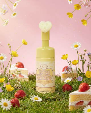 Yellow bottle of P.Louise strawberry shortcake In Love With Me facial foaming cleanser