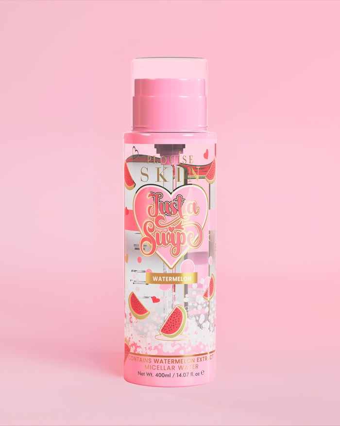 Single pink bottle of P.Louise Just A Swipe Watermelon Micellar Water against a pink background