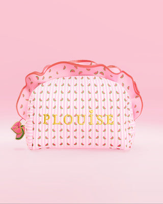 Pink and white P.Louise skincare and makeup bag with frills and a watermelon design