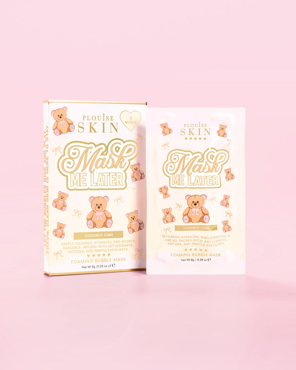 A box and sachet of the P.Louise Mask Me Later foaming bubble mask in coconut cake scent