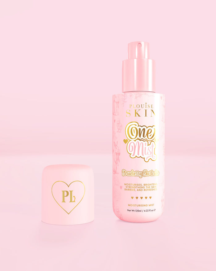 Pink bottle of P.Louise One Mist Moisturising Mist in strawberry shortcake scent