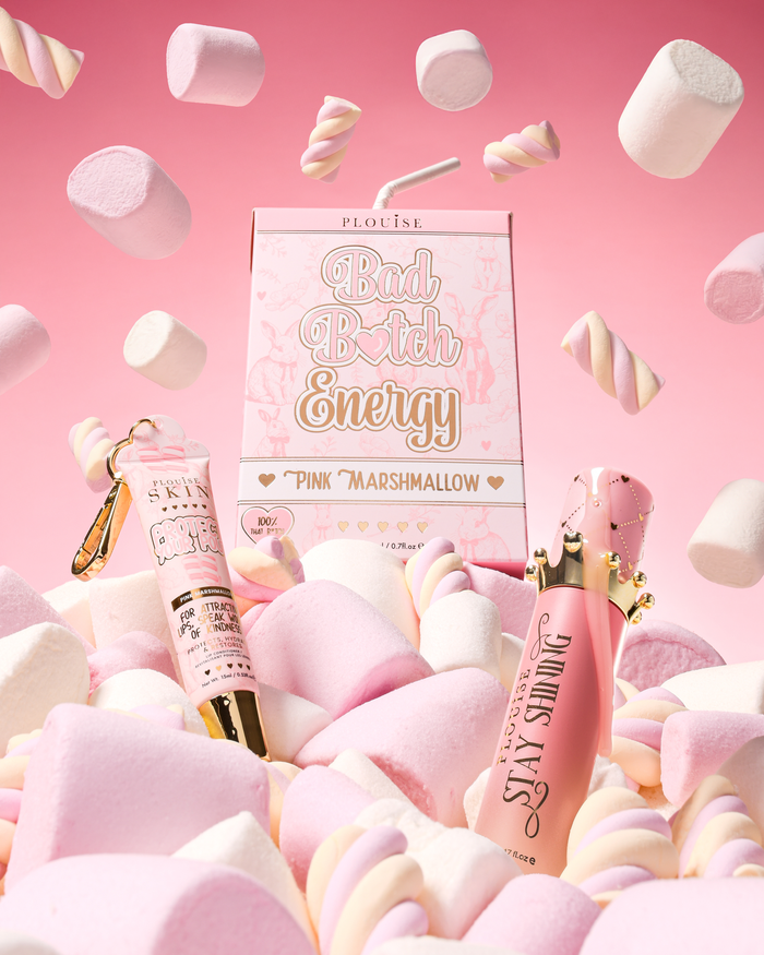 Pink P.Louise Bad Bitch Energy Lip Duo in pink marshmallow surrounded by marshmallows
