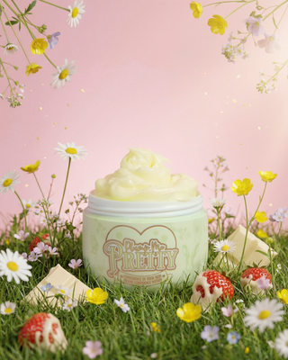 Green tub of P.Louise Plump Me Pretty Moisturizer in chocolate strawberries scent