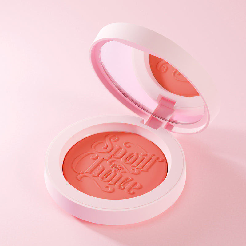 Pink P.Louise Spoilt For Choice cream blush compact with 'Spoilt For Choice' branding on a pink background