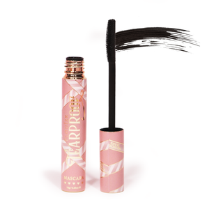 An image of a pink tube of P.Louise Tearproof waterproof mascara with the wand standing next to the tube and a swatch of the product next to it against a white background