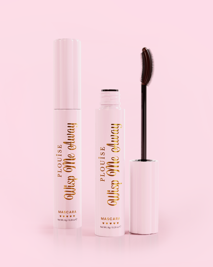 Pink P.Louise Wisp Me Away peptide lash growth black mascara on a pink background