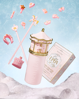 A pink carousel-themed drinking cup labeled 'PLOUISE' with a matching retail box, surrounded by floating pink carousel accessories on a light blue icy background.