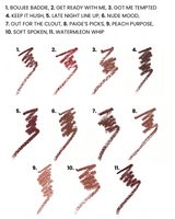 A numbered list of 11 lip liner color swatches ranging from dusty rose and mauve to warm brown and peach, with text at the top listing titles and corresponding numbers.