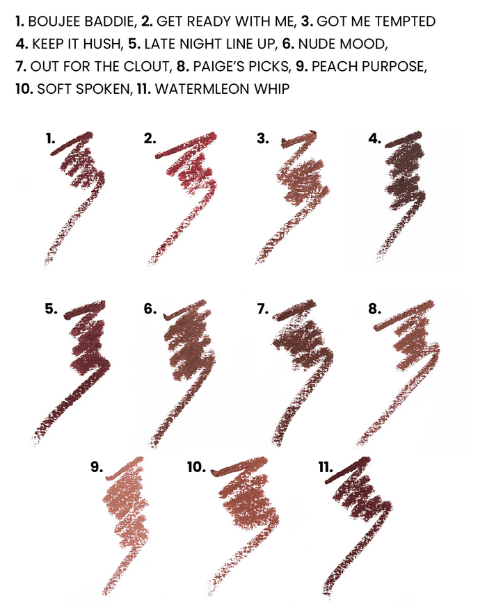 A numbered list of 11 lip liner color swatches ranging from dusty rose and mauve to warm brown and peach, with text at the top listing titles and corresponding numbers.