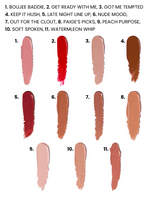 A numbered cosmetic swatch chart showing eleven lipstick or lip color swatches labeled with names such as Boujee Baddie, Watermelon Whip, Nude Mood, and Peach Purpose, on a white background.