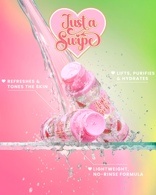 Pink bottles of P.Louise Just A Swipe Micellar Water with water splashes on a colorful background, featuring 3 key benefits